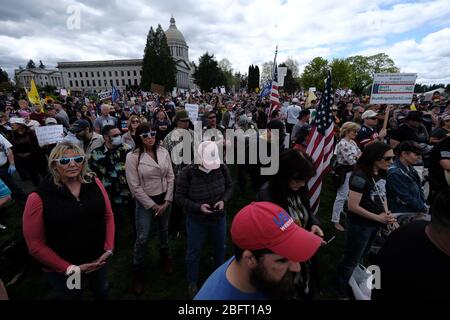 Olympia, USA. April 2020. Hunderte von Demonstranten versammeln sich am 19. April 2020 um das Capitol in Olympia, Washington, herum, um gegen die bis zum 4. Mai in Kraft tretende Stay Home-Verordnung von Gouverneur Inslee zu demonstrieren. (Foto: Alex Milan Tracy/Sipa USA) Quelle: SIPA USA/Alamy Live News Stockfoto