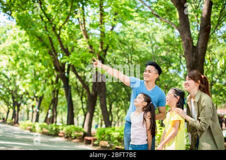 Glückliche Familie beobachten und zeigen, was im Park