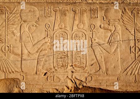 Bas Relief Schnitzereien an einer Wand im Kom Ombo Tempel in Assuan, Oberägypten. Stockfoto