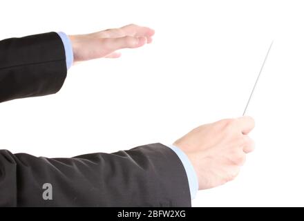 Musikdirigent Hände mit Schlagstock isoliert auf weiß Stockfoto