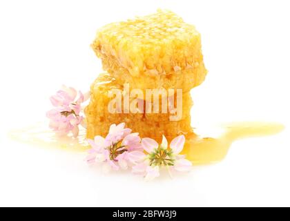 goldene Waben mit Honig und Wildblumen auf weiß isoliert Stockfoto