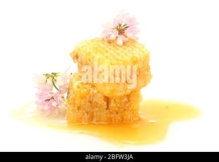 goldene Waben mit Honig und Wildblumen auf weiß isoliert Stockfoto