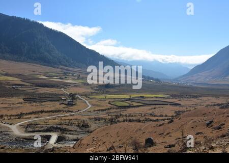 Das Phobjikha-Tal in Bhutan ist ein geschütztes Gebiet. Stockfoto