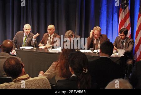 Us-Center panel Präsentation auf der COP 15 (Konferenz der Vertragsparteien des UN-Rahmenübereinkommens über Klimaänderungen) in Kopenhagen, Dänemark, 10. Dezember 2009. Stockfoto