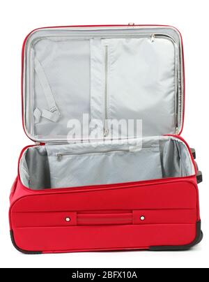 Offener leerer roter Koffer isoliert auf weiß Stockfoto