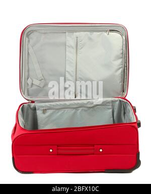 Offener leerer roter Koffer isoliert auf weiß Stockfoto