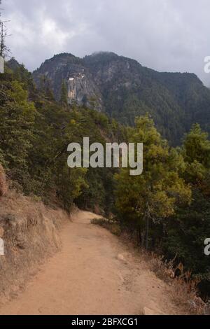 Fernansicht des Tiger's Nest Klosters von der Wanderung (auch bekannt als der Taktsang Weg nach Paro Taktsang), Bhutans beliebteste Touristenattraktion. Stockfoto