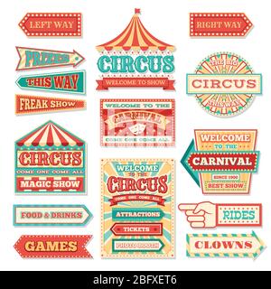 Alte Karnevalskusbanner und Karnevalsetiketten Vektor-Set. Zirkusfestival, Pfeilbanner zur Unterhaltung Illustration Stock Vektor