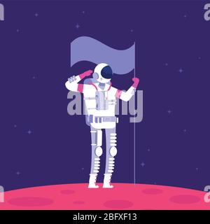 Marskolonisation. Astronaut holende Flagge auf rotem Planeten im Weltraum. Mars-Projekt Raumfahrt Vektorkonzept. Illustration des Astronauten Raumfahrer e Stock Vektor