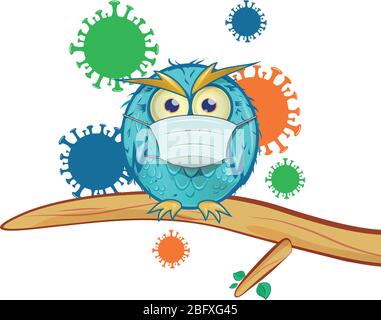 Blaue Eule mit Maske Cartoon auf Coronavirus Hintergrund Stock Vektor