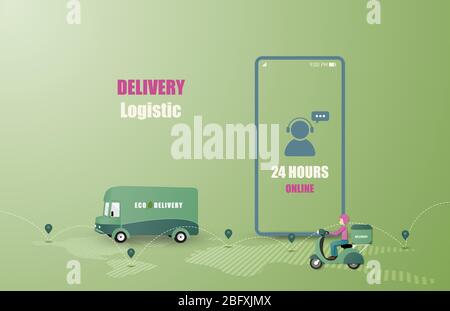 Online Delivery Service Konzept. Mobile Auftragsverfolgung. Lieferwagen und Motorrad zum Ziel. Online-Logistik. Lieferung auf dem Smartphone. Vektor il Stock Vektor