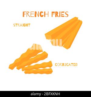 Fastfood-Set. Sorten von Kartoffelscheiben. Kartoffel Pommes, gerader und gerader Kartoffelbrei, Welle. Flache Form handgezeichnete Illustration. Stock Vektor