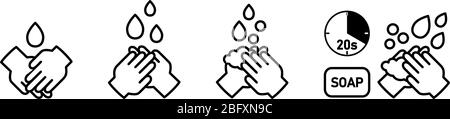 Wash your hands Icons set, einfache schwarz-weiße Handzeichnung mit Tropfen, Seifenblase und 20s Timer-Zeichen - kann während Coronavirus covid19 viru verwendet werden Stock Vektor