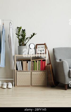 Vertikaler Hintergrund der heimeligen Wohnung Interieur, Fokus auf kleinen Bücherstand mit Dekorationsgegenständen und Pflanzen, kopieren Raum Stockfoto