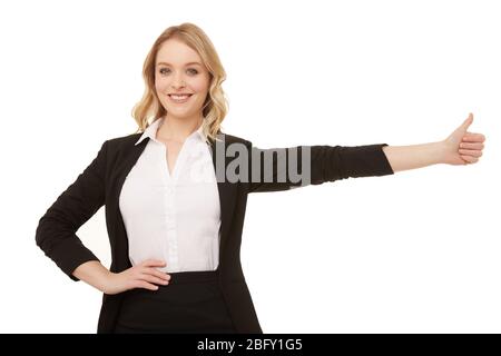 Schöne blonde Geschäftsfrau. Daumen hoch. Stockfoto
