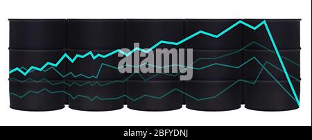 Rohölfässer in Reihe mit Statistiken Chart unten isoliert auf weiß Stockfoto