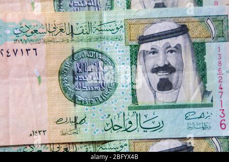 Nahaufnahme Saudia Arab Riyal Bank Notes. König von KSA. Stockfoto