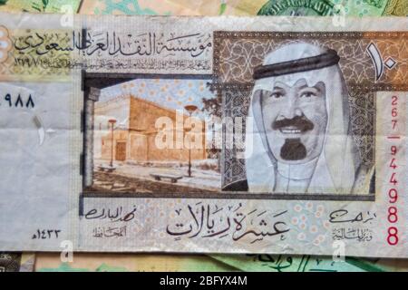 Nahaufnahme Saudia Arab Riyal Bank Notes. König von KSA. Stockfoto