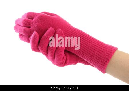 Frau gestrickte Handschuhe an den Händen, isoliert auf weiß Stockfoto