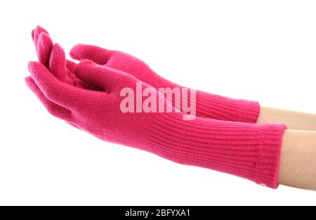 Frau gestrickte Handschuhe an den Händen, isoliert auf weiß Stockfoto