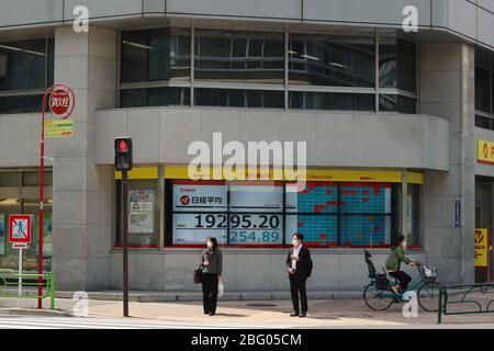 Menschen, die Gesichtsmasken an einem Fußgängerweg von Naito Securities-Filiale tragen, mit einem Bildschirm, der die Aktienkurse während des Coronavirus-Ausbruchs anzeigt. (April 2020 Stockfoto