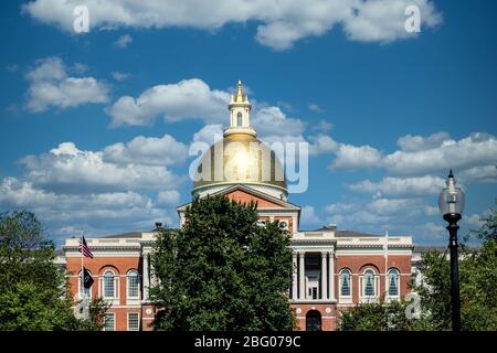 Goldkuppel des Boston Massachusetts State House hinter grünem Baum unter blauem Himmel Stockfoto
