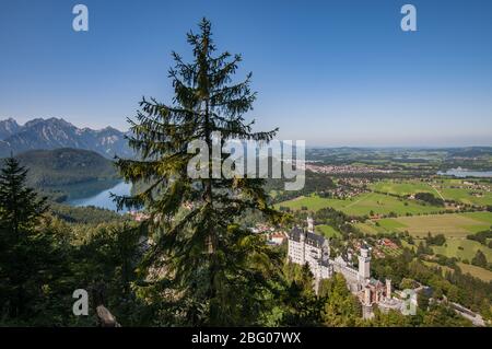 Blick von der Aufstieg auf den Tegelberg bei Schloss Neuschwanstein, im Hintergrund rechts der Forggensee, links die Alpsee, Schwangau bei Füssen, Swa Stockfoto