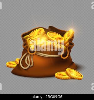 Cartoon große alte Tasche mit Goldmünzen auf transparentem Hintergrund isoliert. Goldgeld verdienen, Schatz Preis. Vektorgrafik Stock Vektor
