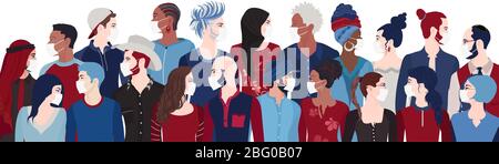 Gruppe von Diversity Menschen tragen medizinische Masken. Coronavirus. Covid-19. Eine Menge multikultureller Menschen, die sich vor einer Pandemie schützen Stockfoto