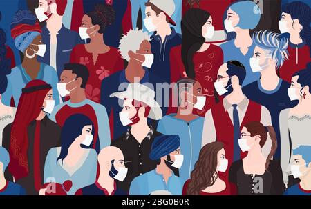 Gruppe Menschen tragen medizinische Masken. Menschenmenge, die sich vor einer Pandemie-Epidemie schützt. Coronavirus. Covid-19. Diversity-Mitarbeiter Stockfoto