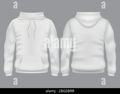 Männer weißer, leerer Hoodie in Vorder- und Rückansicht. Vektor-Modell isoliert. Sweatshirt mit Hoodie hinten und vorne, Pullover mit Kapuze Illustration Stock Vektor