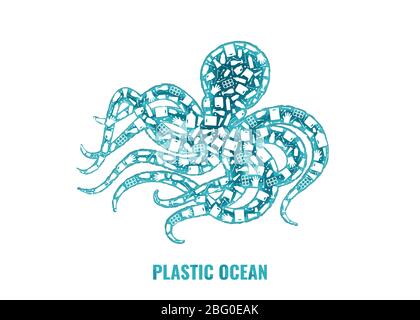 Plastik Müll Planet Verschmutzung Konzept Illustration. Octopus marine mollusk Umriss mit Kunststoff-Müll flache Symbole gefüllt. Einmalgebrauch Kunststoff Ökologie Krise, marine Tier Leben Schaden Banner. Stockfoto