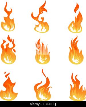 Cartoon Feuer Flammen Vektor-Set. Zündlichteffekt, flammende Symbole. Heiße Flamme Energie, Effekt Feuer Animation Illustration Stock Vektor