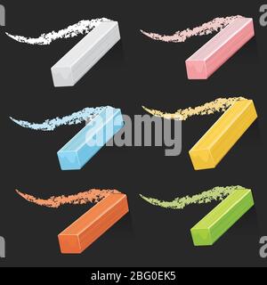 Farbige Künstler Kreiden, Pastell-Sticks mit Strichen auf Tafel Vektor gesetzt. Sammlung von farbigen Stick Kreide in Cartoon-Stil Illustration Stock Vektor