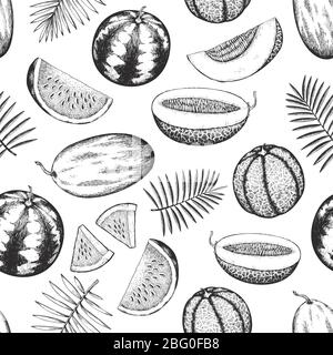 Melonen und Wassermelonen mit tropischen Blättern nahtlosen Muster. Hand gezeichnete Vektor exotische Frucht Illustration. Gravierte Banner mit Früchten. Retro botanica Stockfoto
