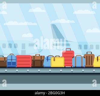 Flughafen Förderband mit Passagier-Gepäcktaschen Vektorgrafik. Gepäckband am Flughafen, Reisegepäck, Terminal-Förderer Stock Vektor
