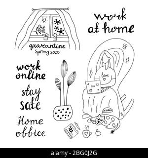 Handgezeichnetes Doodle Isolations-Set. Arbeiten Sie zu Hause, online, sicher. Mädchen sitzt in einem Sessel arbeiten auf einem Laptop. Die Katze liegt zu ihren Füßen. Im Fenster Stock Vektor