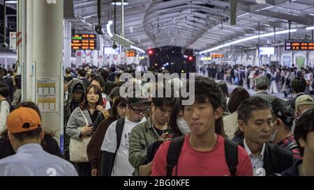 Tokio, Japan - 10 11 19: Eine große Menschenmenge Pendler, die sich durch den Bahnhof Seibu Shinjuku ziehen Stockfoto