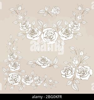 Romantischer Vintage-Strauß mit Rosen und Blättern. Vektorgrafik Stock Vektor