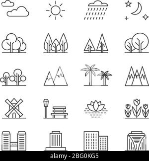 Natur Landschaft Linie Vektor-Elemente und Häuser. Skizzieren Sie die Symbole von Bäumen und Bergen. Stadtgebäude und grüne Baumumrissdarstellung Stock Vektor