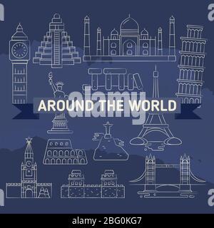 Rund um die Welt lineare Ikonen Set-berühmte Wahrzeichen. Vektorgrafik Stock Vektor