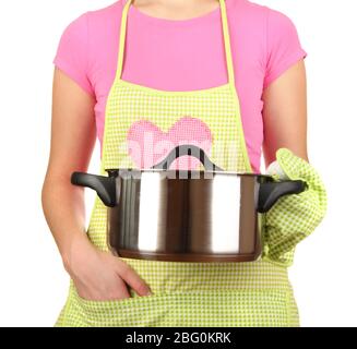 Nahaufnahme der Hausfrau in Schürze halten Pfanne auf weiß isoliert Stockfoto