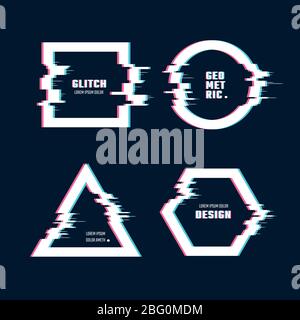 Trendige geometrische Formen mit Glitch Verzerrung Effekt. Rahmen Frames mit Video Glitch Linien Vektor gesetzt. Frame-Effekt-Glitch, digitaler geometrischer Distor Stock Vektor