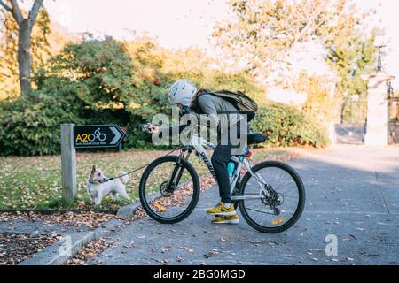 19/4/2020 Asiatin mit Fahrrad Nehmen Sie ein Foto von einem Hund im Herbst im Botanischen Garten, Oamaru, Neuseeland. Konzept über Übung während soziale iso Stockfoto