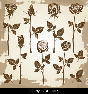 Vintage Grunge Rose Silhouetten von Set, Frühling Knospen Symbole. Vektorgrafik Stock Vektor
