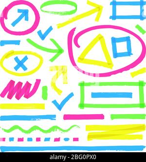 Vektormarken mit Textmarkierung. Farbmarkierungsstreifen, Striche und Pfeile. Pfeilmarkierung farbige Linie, Markierungsstrich Scribble für Textmarker Illustration Stock Vektor