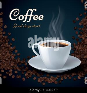 Aroma Kaffeebohnen und Tasse heißen Kaffee. Produkt-Anzeigen Vektor Hintergrund. Kaffee heiße Tasse auf Kaffeebohnen Hintergrund Stock Vektor