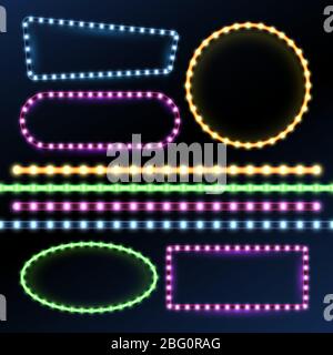 Neon und LED-Streifen und Diode Licht Rahmen Vektor-Set. Neon Frame Licht, Leuchten und helle Banner Illustration Stock Vektor