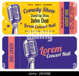 Vorlage für Vektorkarten für die Comedy-Show „Stand Up“. Comedian Stand Up Tickets mit Mikrofon Illustration Stock Vektor