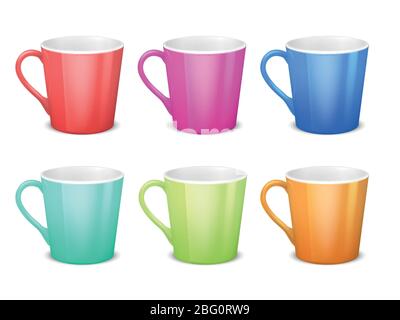 Bunte 3d Tassen, leere Kaffee Keramik Tasse isoliert Vektor-Sammlung. Illustration von farbigen Tasse trinken Stock Vektor